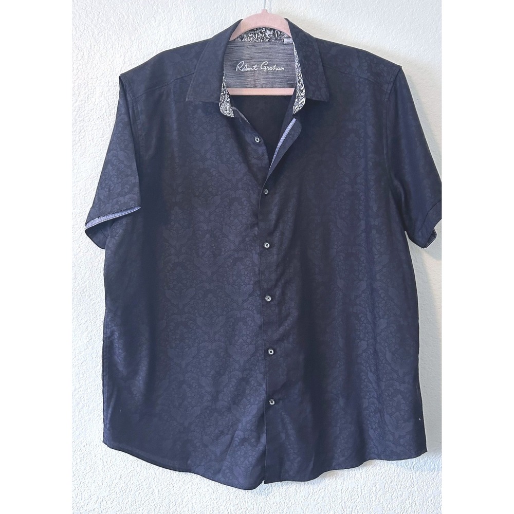 Robert Graham Mens 2XL Black Damask Jacquard Short Sleeve Button Down Shirt
